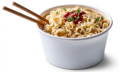 A practical serving of instant noodles in a disposable takeout container, perfect for busy lifestyles, showcasing convenience and quick meal options for on-the-go consumption.