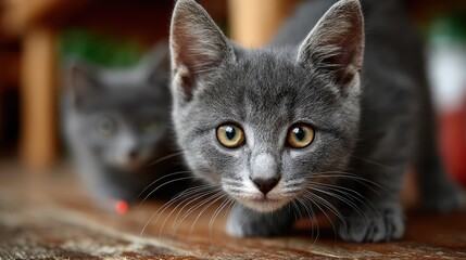 An adorable light grey kitten is curiously approaching the camera, evocative of warmth and playfulness while hinting at its affectionate personality in a cozy setting.