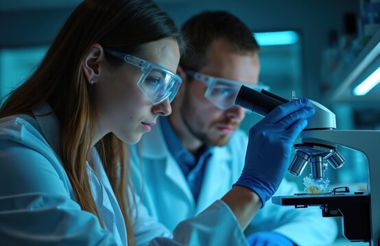 Scientists group conduct research in modern laboratory. Researchers examine samples under microscope. Biotechnology, medical, pharmaceutical industry. Teamwork, science experiment, health tech,