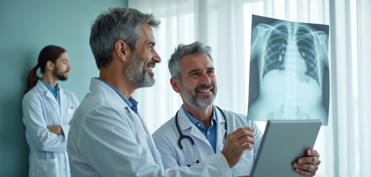 Doctors examine X-ray images, using tablet. Professional healthcare team collaboration in hospital. Radiologist discussing diagnosis, patient care treatment, medicine. Medical tech, teamwork, health