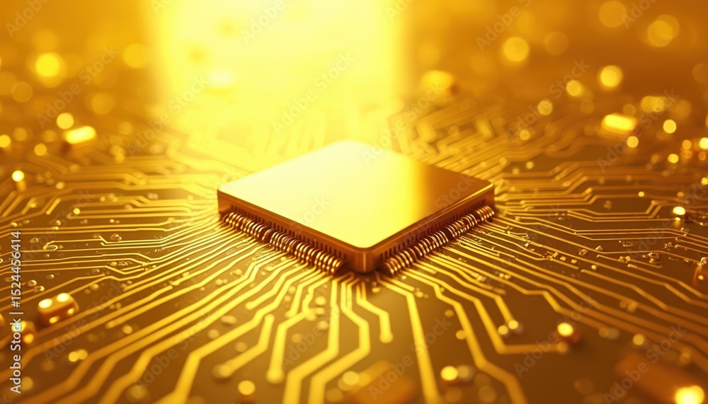Poster close-up golden tech illustration shows central processing unit. circuit board, microchip design, co