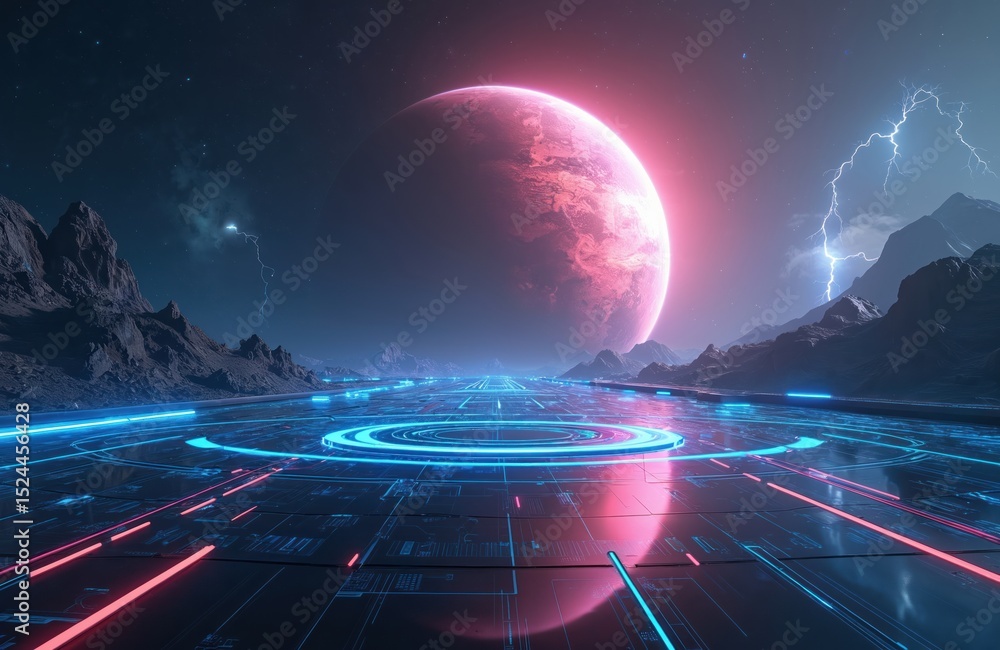 Poster futuristic space station with digital interface. large planet in background. neon lights glow. moder