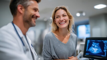A cheerful woman enjoys a positive pregnancy check-up with her doctor, showcasing the shared laughter and warmth in discussing the exciting journey toward becoming a parent.