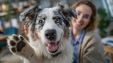 A lively dog playfully raises its paw with a big smile, while a happy person enjoys the moment behind, creating an uplifting scene that highlights their joyful companionship and bond.
