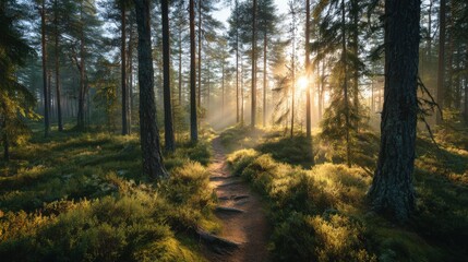 Obraz premium Soft sunlight filters through tall trees, casting gentle rays onto a winding path. Lush greenery surrounds the trail, creating a peaceful and serene atmosphere at dawn