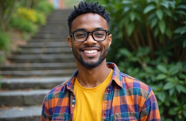 Attractive black man with beautiful smile outdoors. Happy guy wears glasses. Young adult with beard, earring. Casual lifestyle portrait, perfect teeth. Diversity concept.