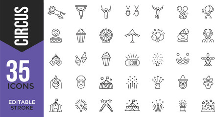Circus and Amusement Line Icons Set – Editable Stroke Vector Illustration

