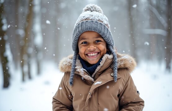 Joyful African ethnicity boy wears warm winter jacket beanie hat smiles in snowy forest. Happy child enjoys snowfall on frosty day. Wintertime leisure, fun, childhood joy.