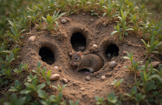 Small mouse near burrow entrance. Rodent animal in natural habitat, grassland environment. Wildlife scene shows nest hole in ground, outdoor summer meadow. Nature background with tunnel.