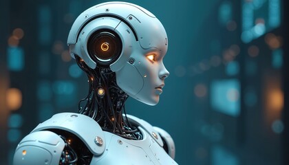 Futuristic robot with glowing eyes. Advanced AI technology, digital transformation, innovation concept. Modern cyborg design, robotic face profile, digital human. AI, machine learning, future tech.