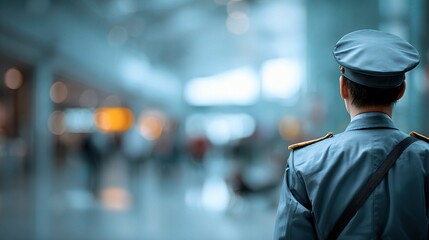 Immigration Officer Watching Passenger Flow in Airport Terminal