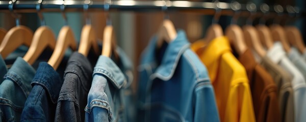 Stylish men, women clothing hang on wooden hangers. Denim jackets, shirts, various colours in modern store interior. Display retail, commercial sales, shopping, fashion boutique for clients, buyers.