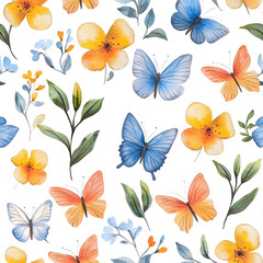 Fototapeta premium Pattern: Aquarell-Schmetterlinge und Blumen