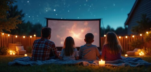 Fototapeta na wymiar Family enjoys backyard movie night on a blanket under stars. Watching a movie on a big screen with popcorn and lights. National Movie Night August 18th celebration. Entertainment fun event.