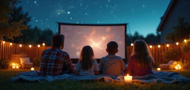 Family enjoys backyard movie night on a blanket under stars. Watching a movie on a big screen with popcorn and lights. National Movie Night August 18th celebration. Entertainment fun event.
