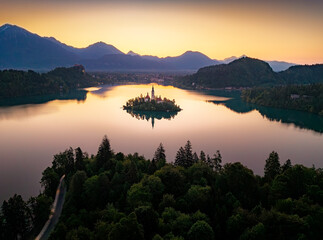 Stunning sunset over Lake Bled with island and mountains in view