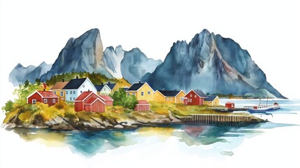 Lofoten Islands. Lofoten Islands hand drawn watercolor illustration