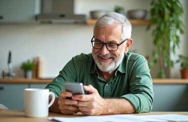 Smiling senior man uses mobile phone at kitchen table. Happy elderly person holding smartphone, scrolling news, buying online. Mature customer enjoying mobile app technology at home.