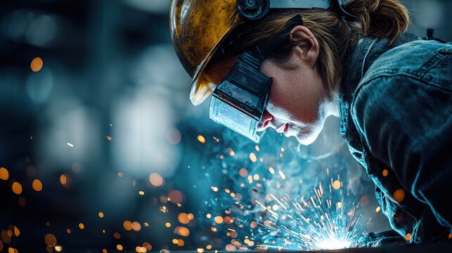 Female Engineer in Protective Gear Conducting Heavy Industry Work