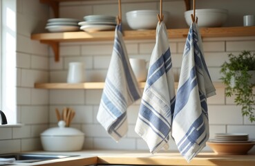 Kitchen interior with wooden shelves. Stacked plates on shelf, folded towels. Blue, white striped kitchen towels hanging. Modern minimal design, clean space, natural light. Home decor, lifestyle,