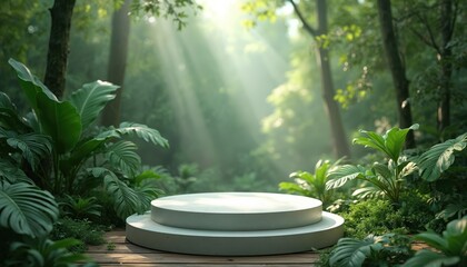 Product display podium in jungle forest setting. Green leaves surround white platform. Nature background for cosmetics, beauty products. Suitable for presentation of eco-friendly products, natural