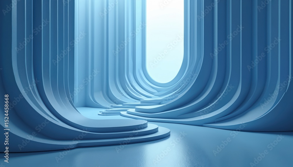 Poster Abstract blue architectural concept. Modern 3d illustration with wavy lines. Empty space, minimalistic style background. Geometric shapes, construction. Digital rendering for presentation.