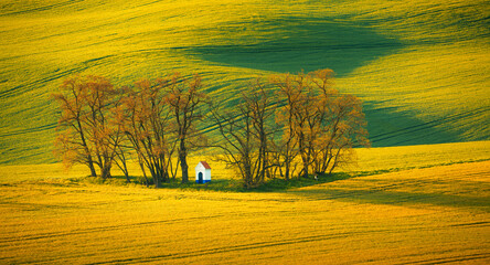 Moravia landscape with a small chapel surrounded by autumn-colored trees and rolling fields