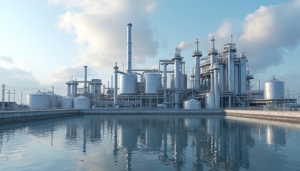 Obraz premium 3D rendering of industrial oil production facility, water treatment plant under daylight. Metallic constructions reflected in water. Industry process, infrastructure, modern technology, environmental