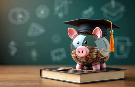 Piggy bank wearing graduation cap filled with coins. Represents education savings academic finance student loans scholarships. Financial planning for future goals of studying at university. Success