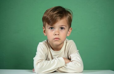 Serious little boy portrait on green background. Preteen child folded arms, staring. Caucasian boy looks at camera. Childhood, education, school, learning concept.
