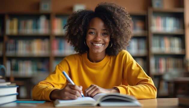 Smiling african american college student girl writes in textbook at library. Happy female student learning researching, studying, homework. Young black woman, education, knowledge, learning,