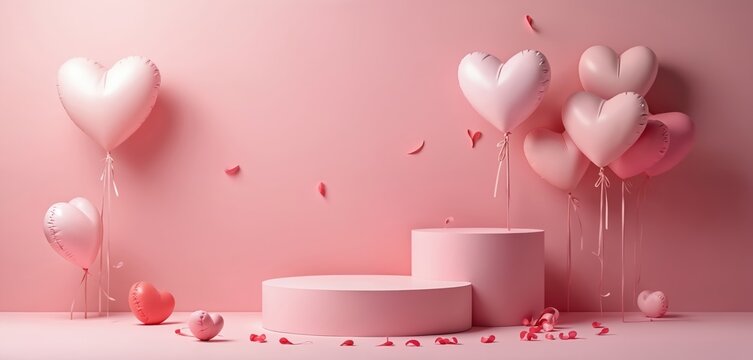 Pink heart-shaped balloons, pedestals, decorations create romantic scene. Ideal for Valentine Day product placement, advertising, marketing campaigns. Festive holiday celebration with creative