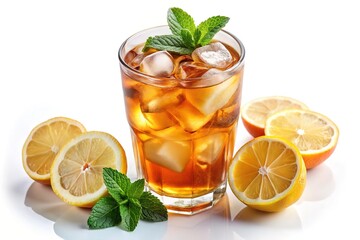 Refreshing iced tea with lemon and mint in a glass