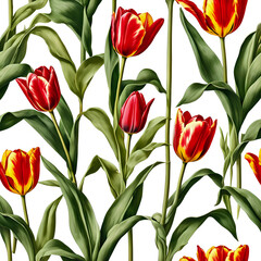 Obraz premium Vintage style tulips with stem and leaves, floral pattern wallpaper, graphic design illustration wallpaper 