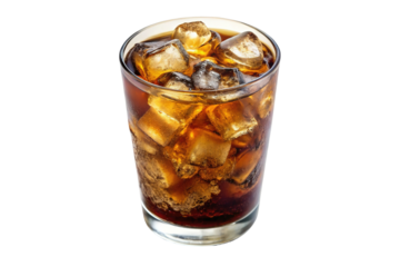 Refreshing cola drink in glass with ice cubes isolated on transparent background