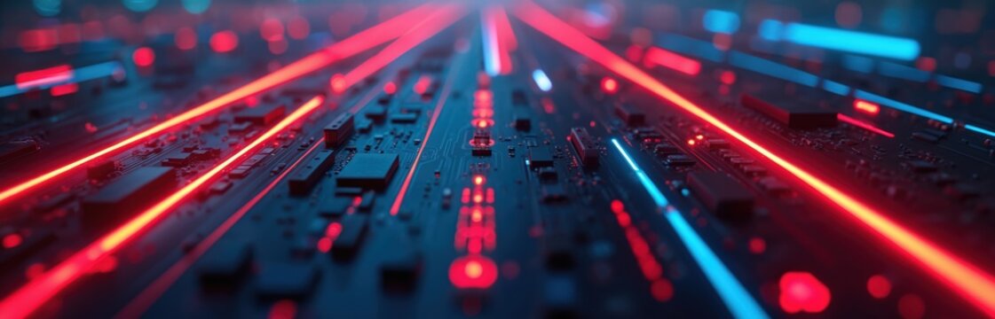 Abstract futuristic background with red, blue glowing lines on black background. Neon light technology concept. Futuristic digital data flow. Computer circuit board with chips, connection, artificial - Powered by Adobe