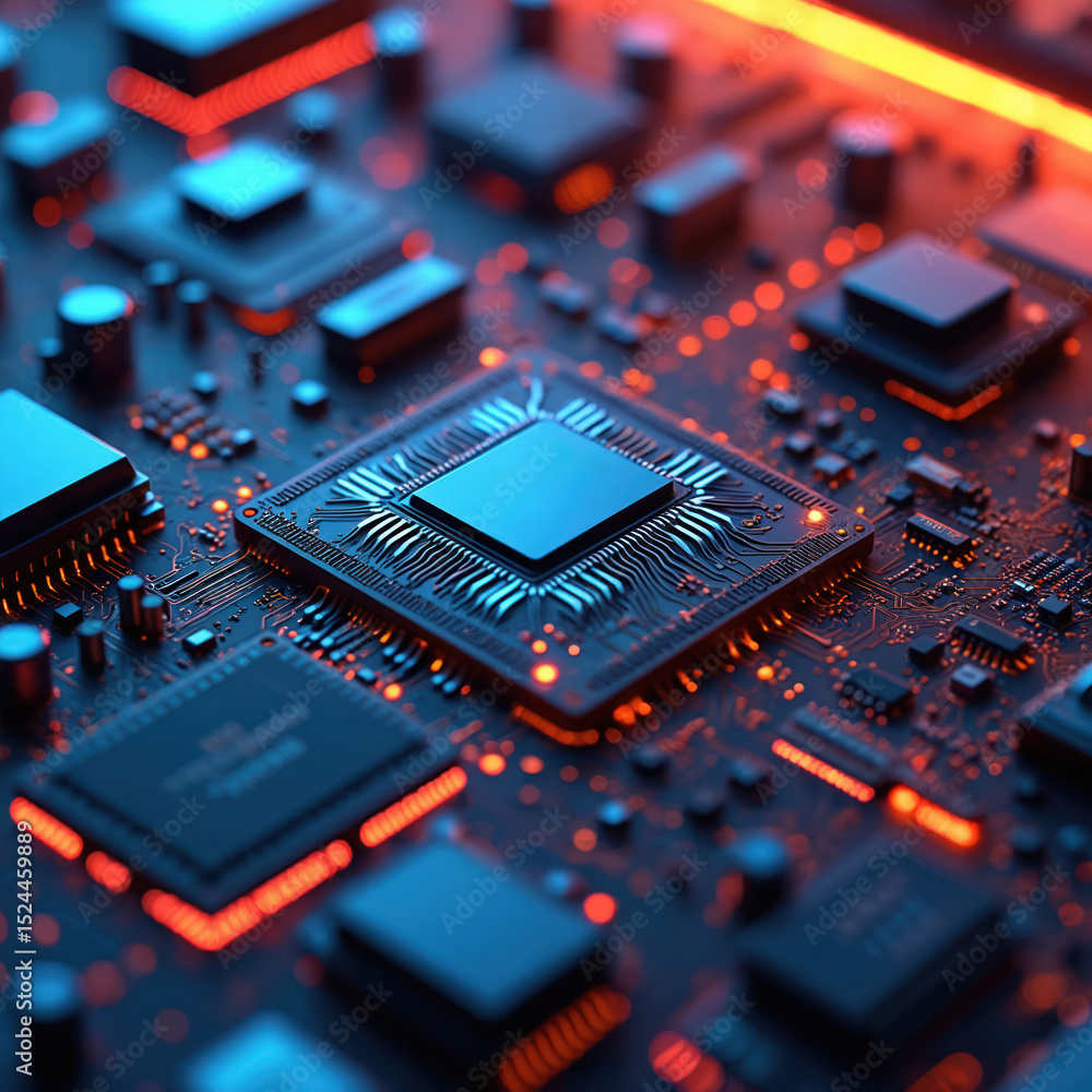 Aufkleber Abstract tech illustration of computer circuit board, processors, central processing unit. Digital background with glowing circuits. Tech design concept. Ideal for tech, engineering design,