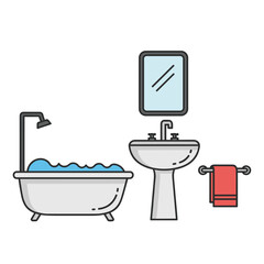 Modern bathroom with bathtub, sink, and towel in minimalist style  