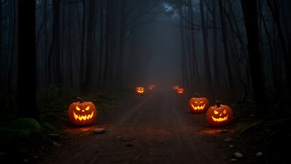 Spooky Halloween Night Jack-o'-lanterns Illuminate Foggy Forest Path
