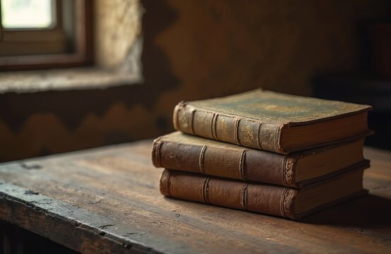 Stack of antique books on rustic wooden table near window in rural house. Old vintage books represents learning education, reading, knowledge, back to school concept.