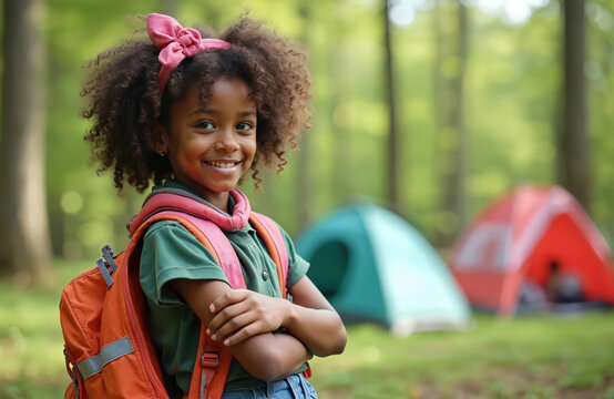 Happy black girl scout smiles, looks camera during camping with school group in summer. Young female child with backpack in forest. Tents on background. Childhood outdoor adventures.