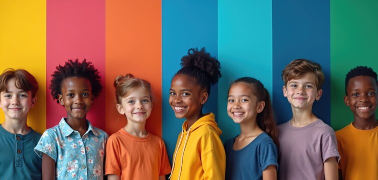 Group diverse children smile at camera. Multi-ethnic kids stand against colorful vertical background. Positive youth emotions, happiness, fun, togetherness. Joyful children, best friends portrait.