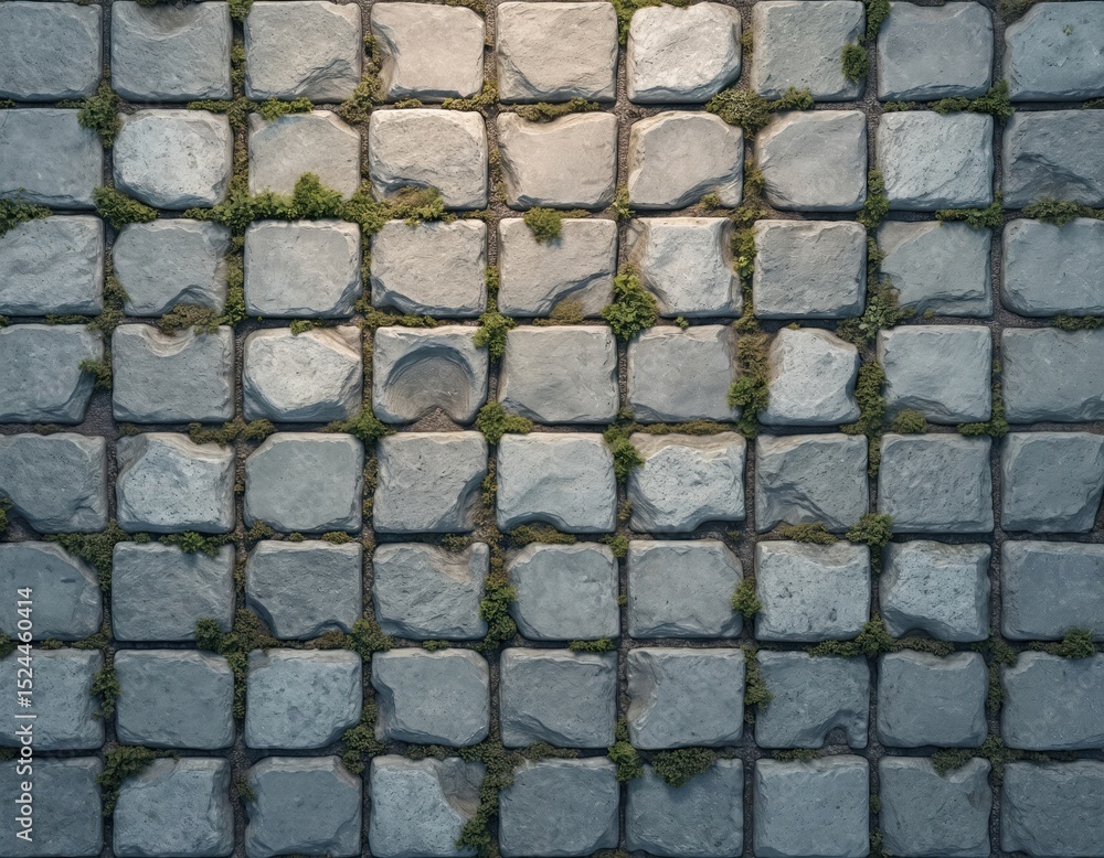 Poster seamless granite walkway pavement texture. grey stone cobblestone path. green moss grows between til
