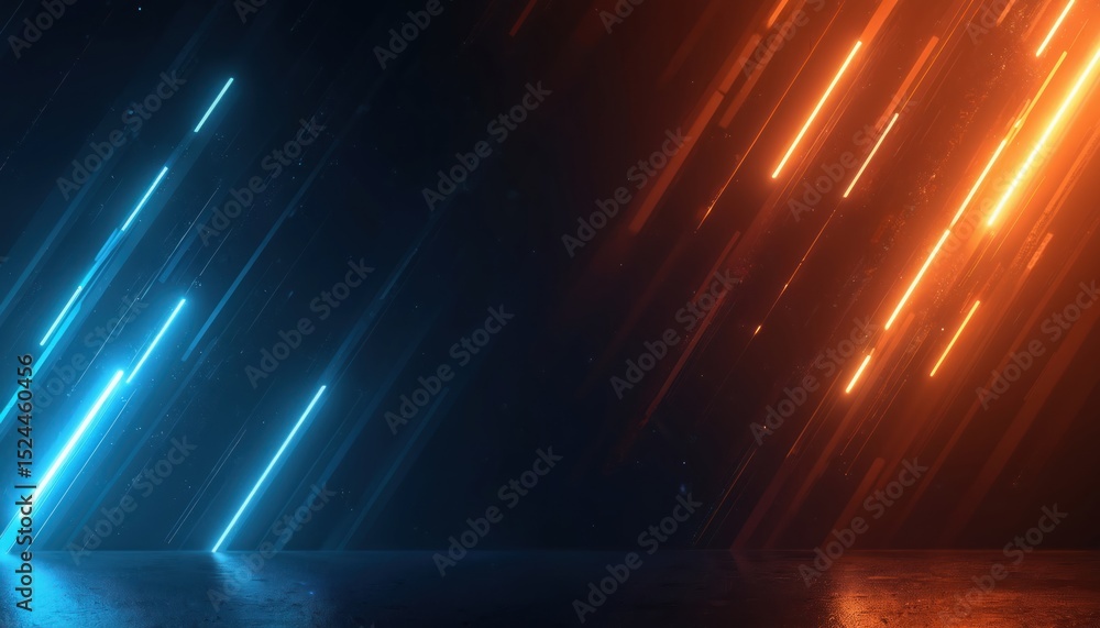 Poster dynamic tech background with neon lights in blue, orange. abstract illustration for battle announcem