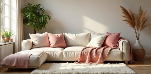 Cozy living room with plush throw pillows, soft textured blankets, and a fluffy rug creating a warm and inviting atmosphere Perfect for relaxation and comfort , warm, comfort