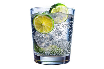 Refreshing sparkling water with lime slices in glass isolated on transparent background