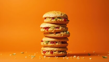 Stack burger sandwich on orange background
