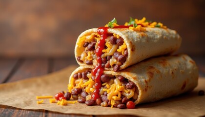 Burritos stacked high with cheese, beans, and salsa on brown and beige striped background