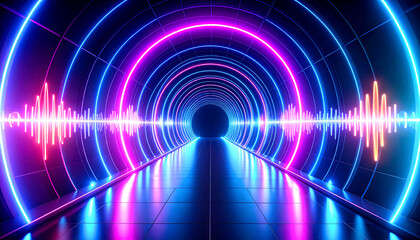 Fototapeta premium Glowing neon lights in blue and pink create a futuristic tunnel with wave-like patterns, reflecting off the glossy tiles and drawing the viewer into a sci-fi dimension.
