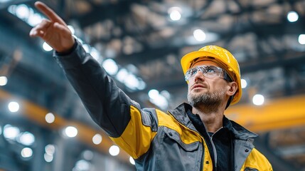 Professional Engineer in Safety Gear Directing Work in Industry Setting